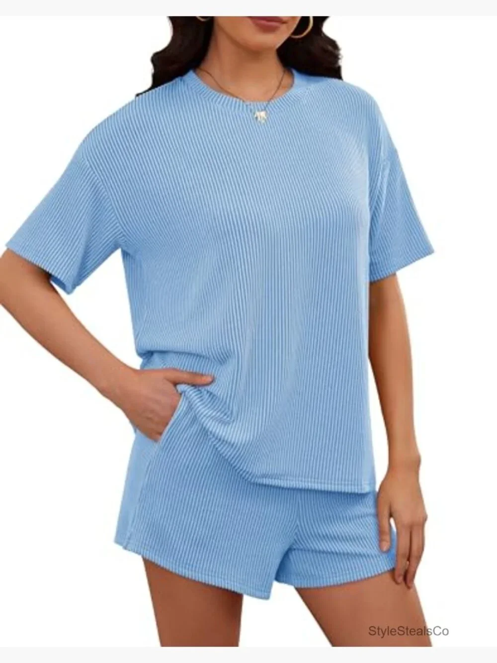 Ribbed Knit Lounge Shorts Set - Two Piece Matching Tracksuit